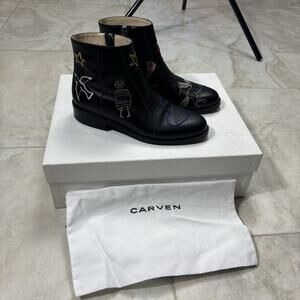 Carven Leather Boots Womens 6 Western Side Zip Embroidered Original Box Dust Bag